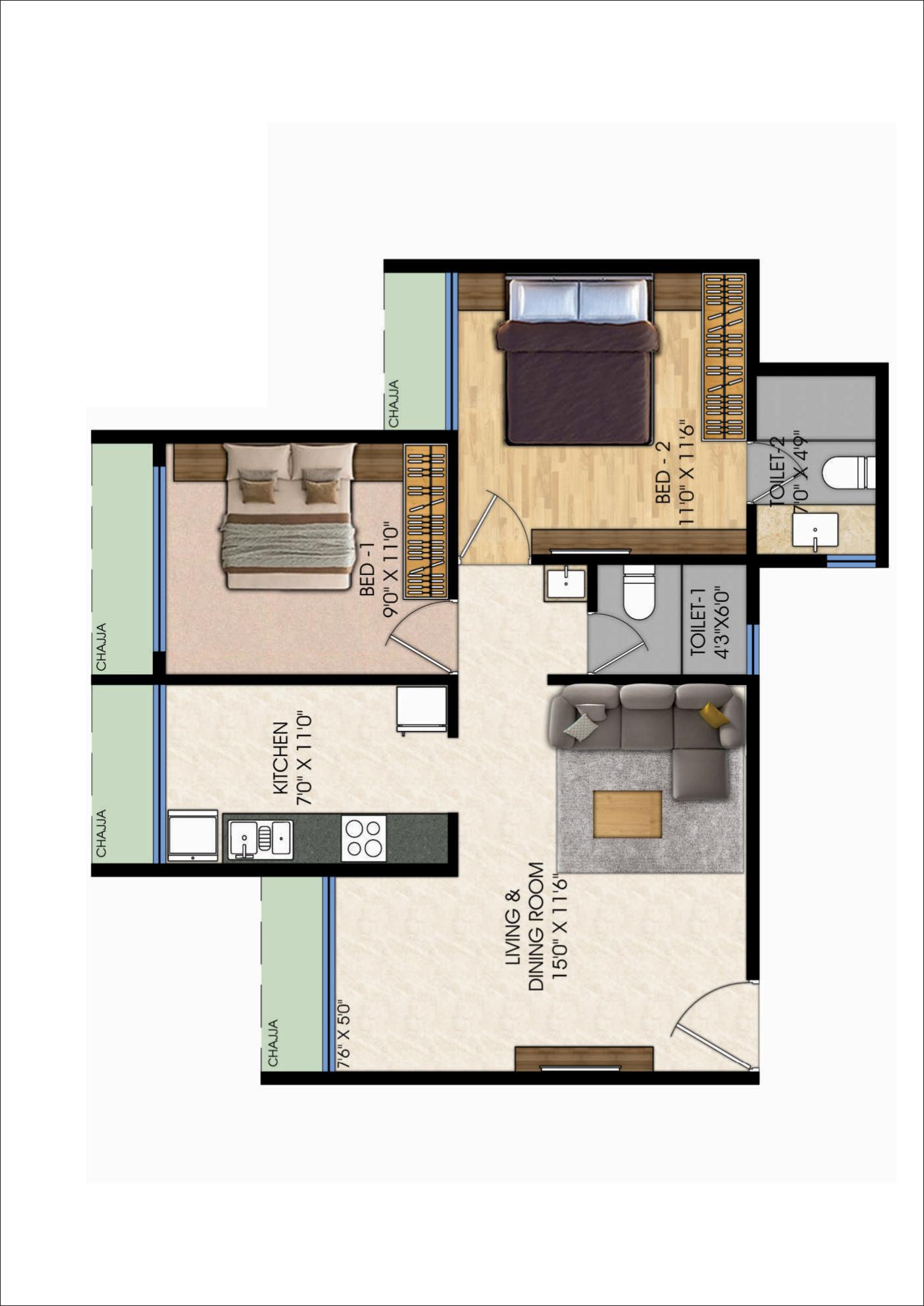 2 BHK Unit Plan — Malhar 24 East Sanpada — 693 sq.ft.